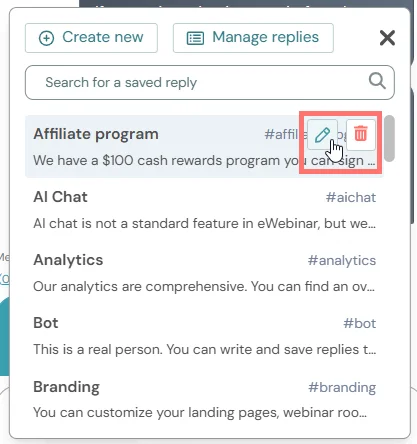 edit saved reply in chat