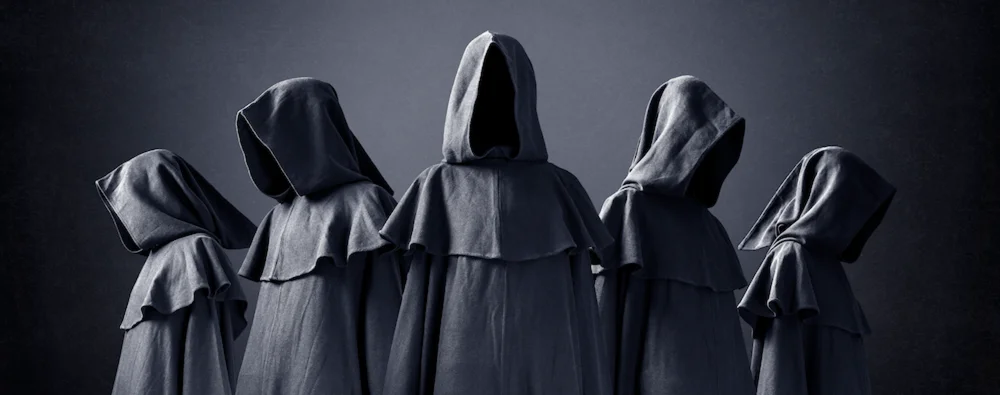 Five hooded figures