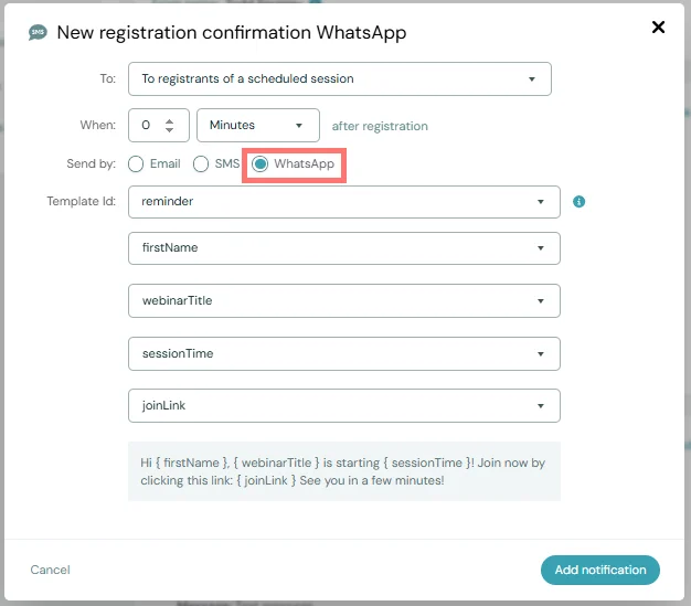 adding whatsapp message