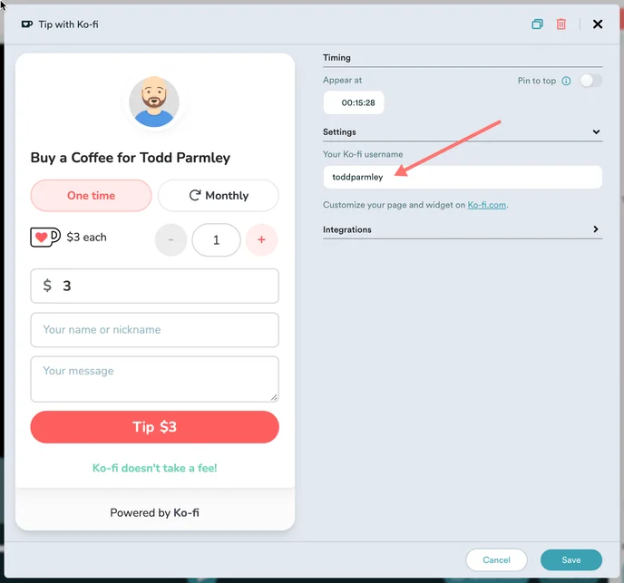 Edit modal for Ko-fi interaction in eWebinar