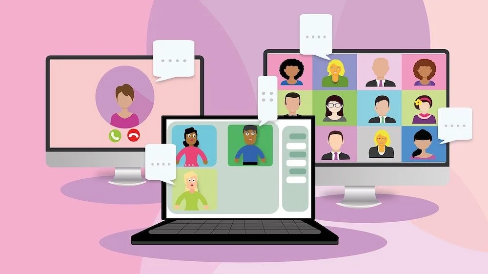 Graphic of three laptops showing virtual meetings and webinars