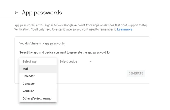 app passwords tab
