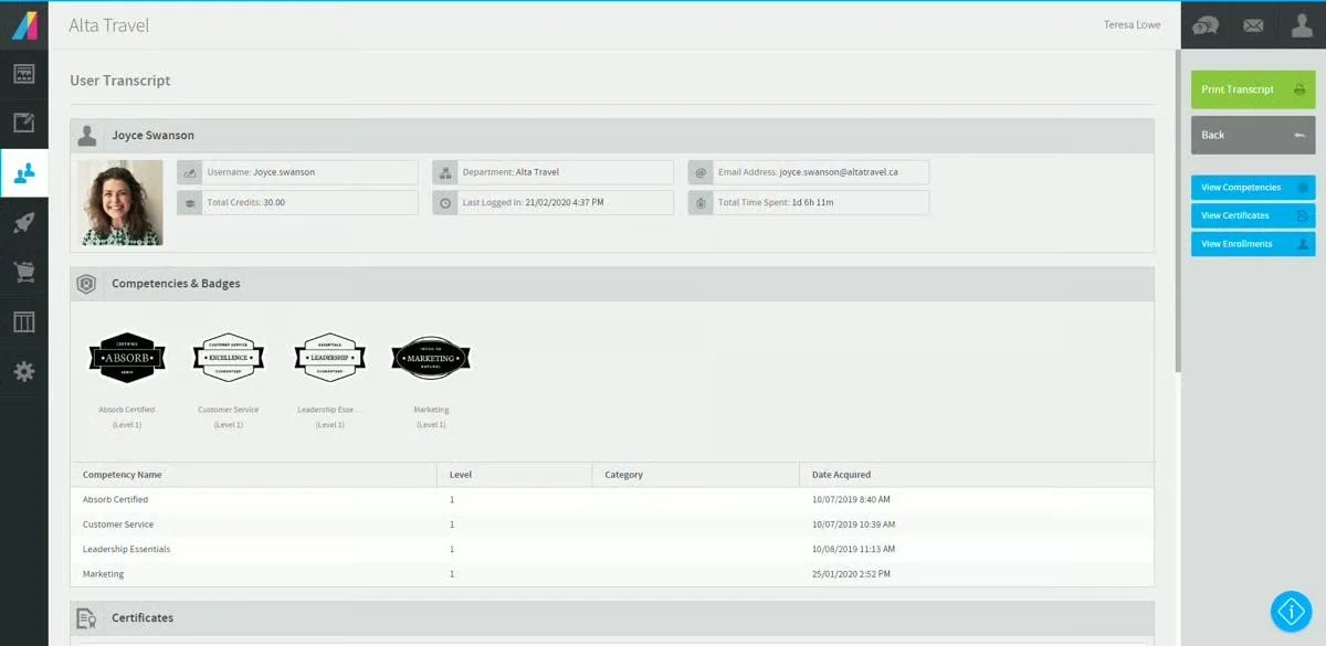 Absorb LMS user profile