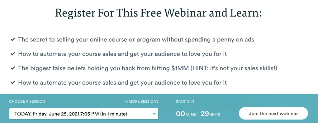 eWebinar’s fixed bar widget at the bottom of a webpage
