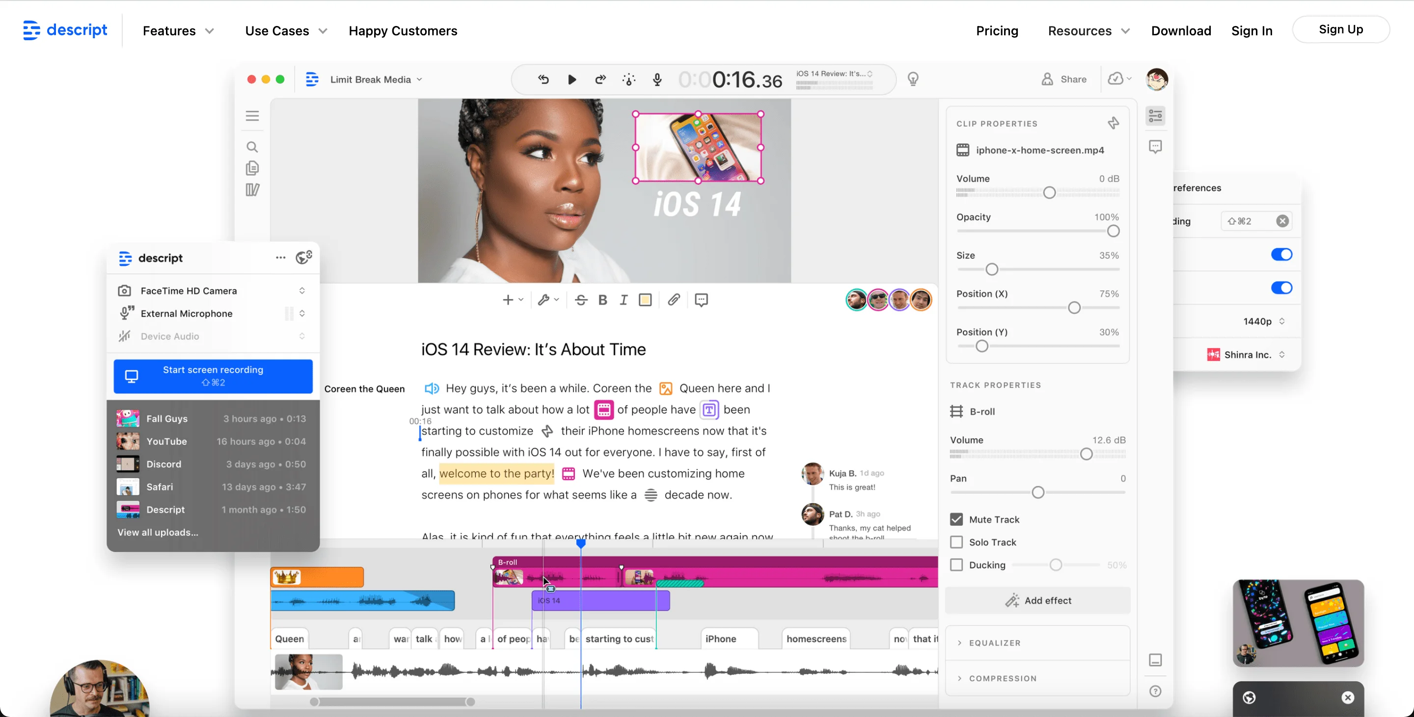descript-homepageDescript video editing software in use