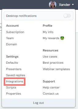 integrations profile menu