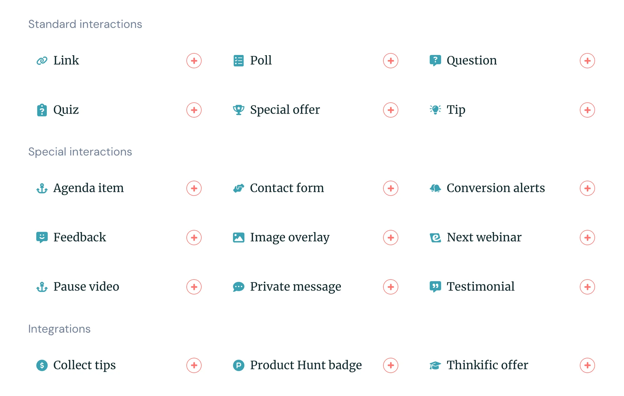 eWebinar's Standard Interactions, Special Interactions & Integrations