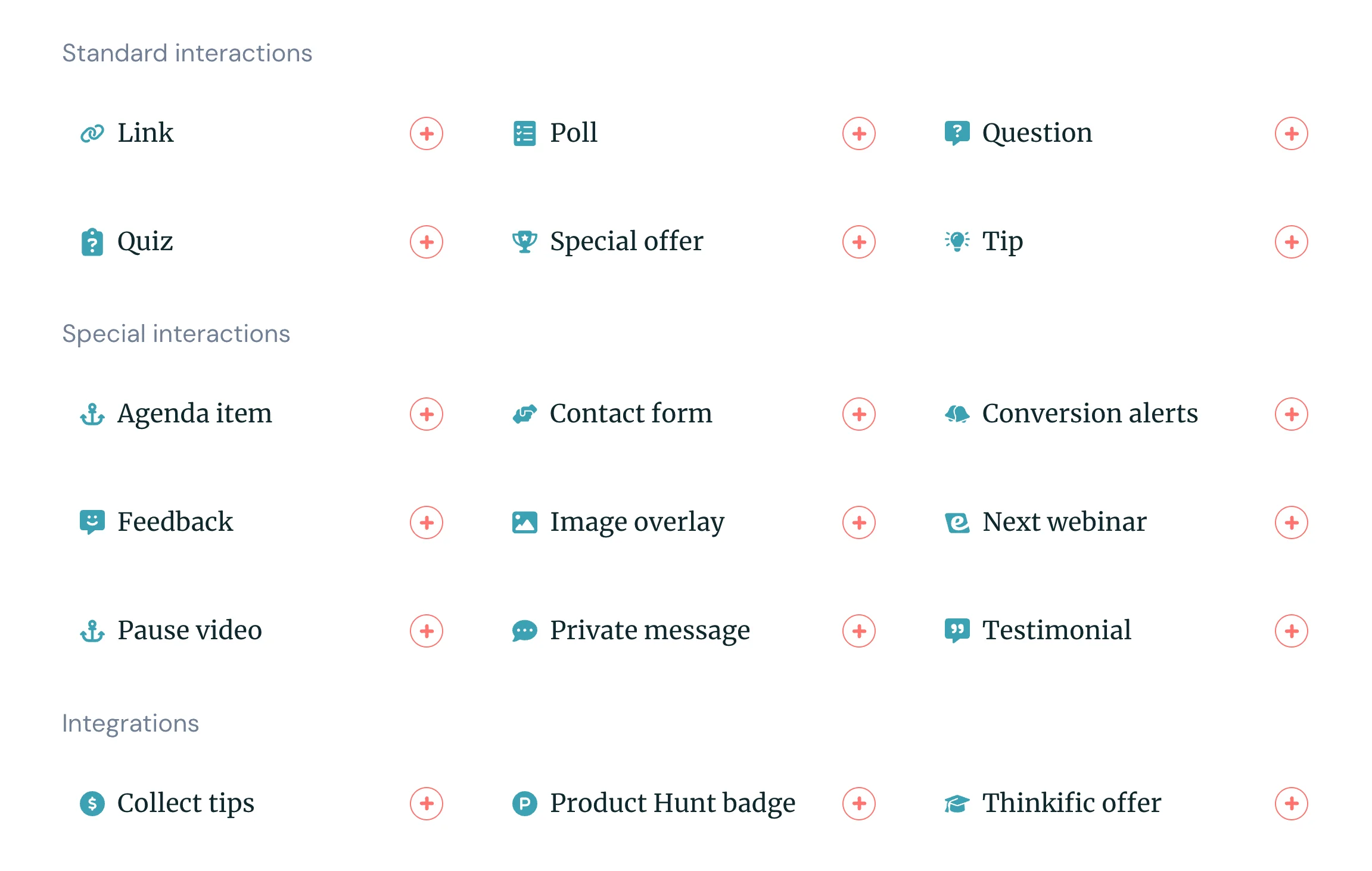 eWebinar's Standard Interactions, Special Interactions & Integrations