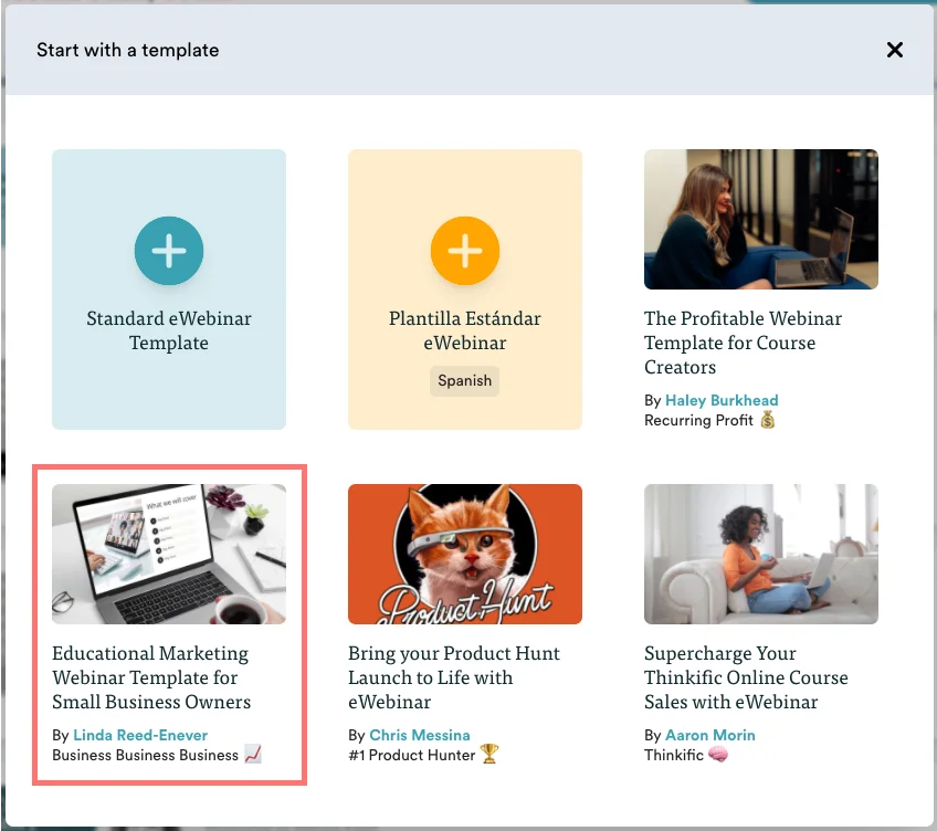 Choose template modal with educational webinar template highlighted
