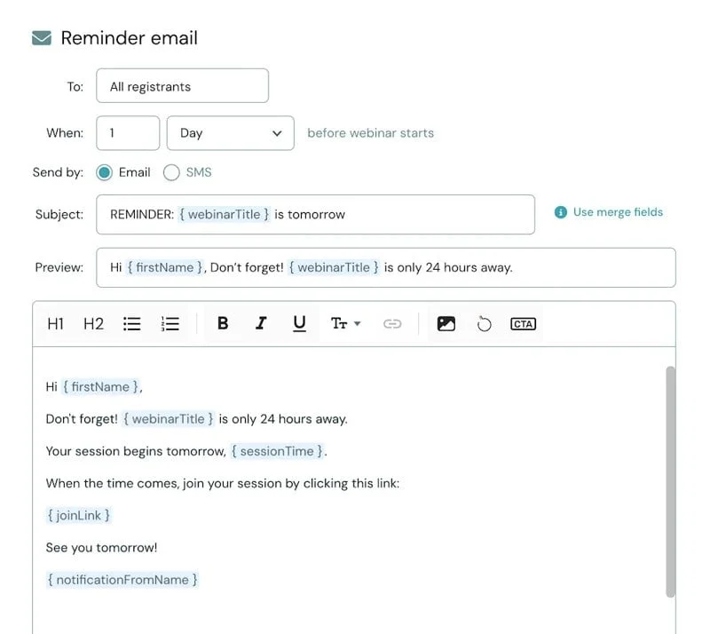 eWebinar: Automated Reminder Email for Upcoming Webinar