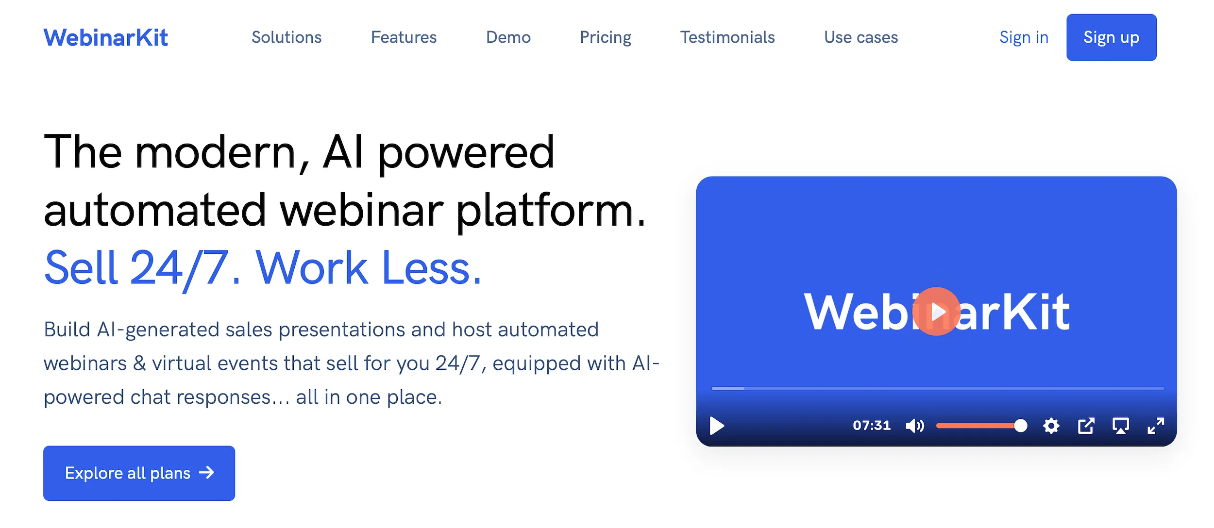WebinarKit homepage: The modern, AI powered automation webinar platform.