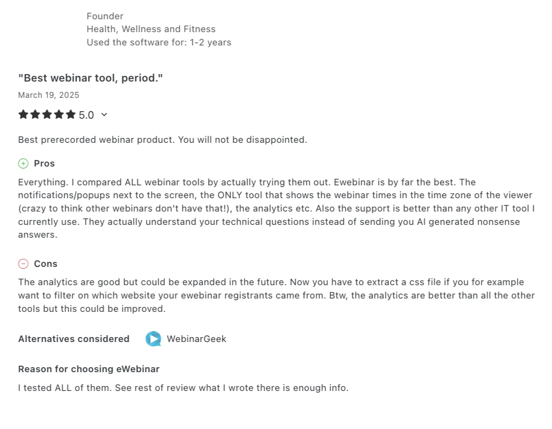 eWebinar Review from Health, Wellness, and Fitness Founder: "Best webinar tool, period."