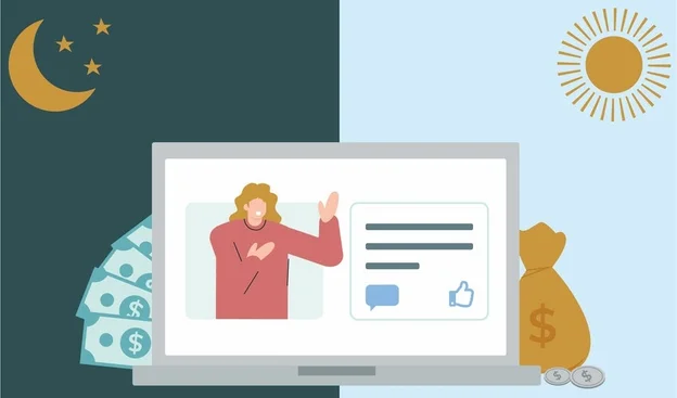 Graphic of computer with woman hosting automated webinar and money on either side