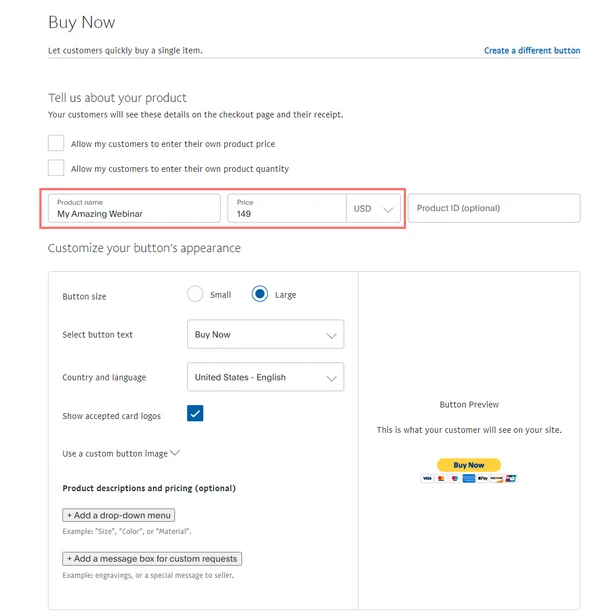 Paypal button step 1