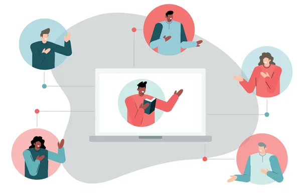 A graphic of multiple viewers watching webinars in different settings”