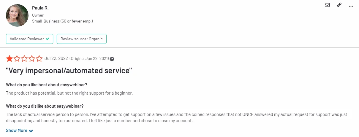 EasyWebinar G2 review screenshot