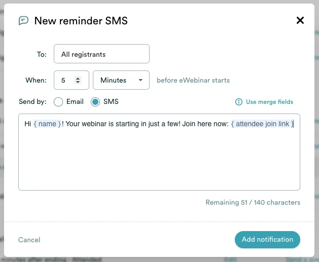 SMS reminder edit modal