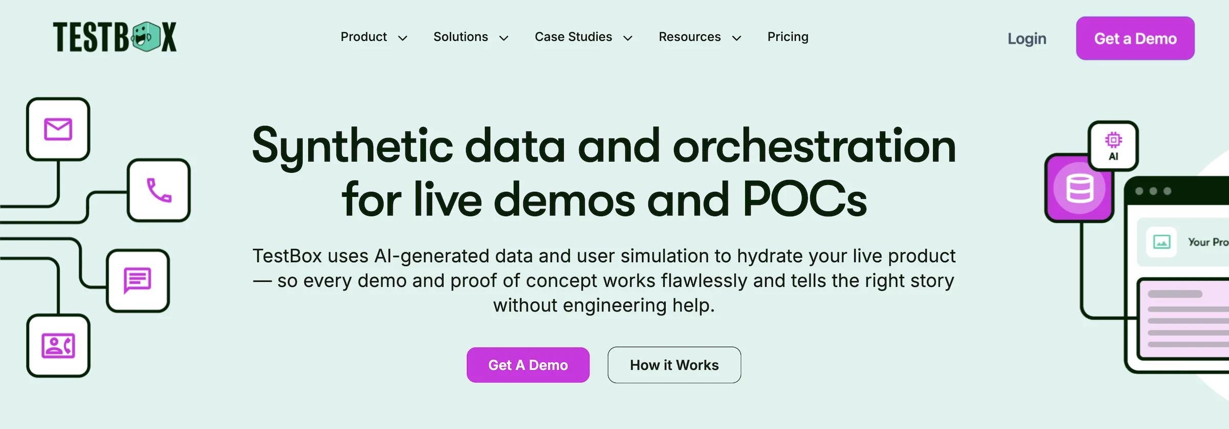 TestBox homepage: Synthetic data and orchestration for live demos and POCs