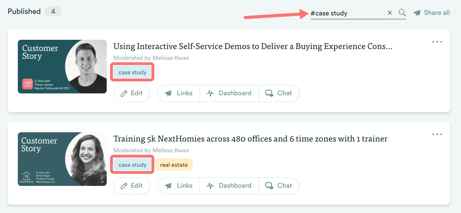 List of eWebinars showing tags