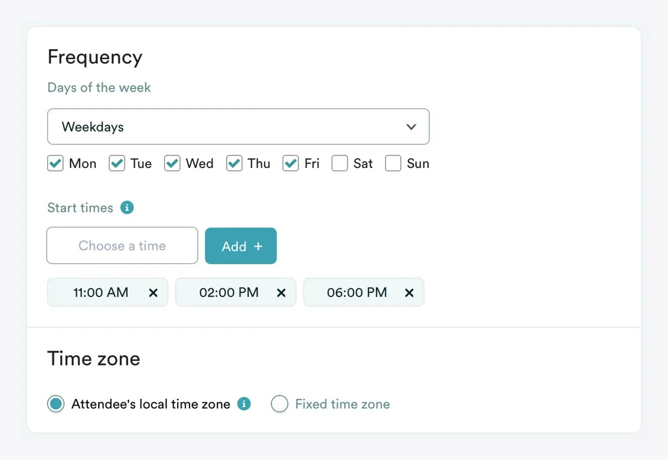 Frequency: Days of the week and times