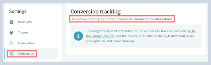conversion tracking in settings