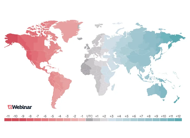 Color-coded map of time zones for each country globally (from -11 to +12).