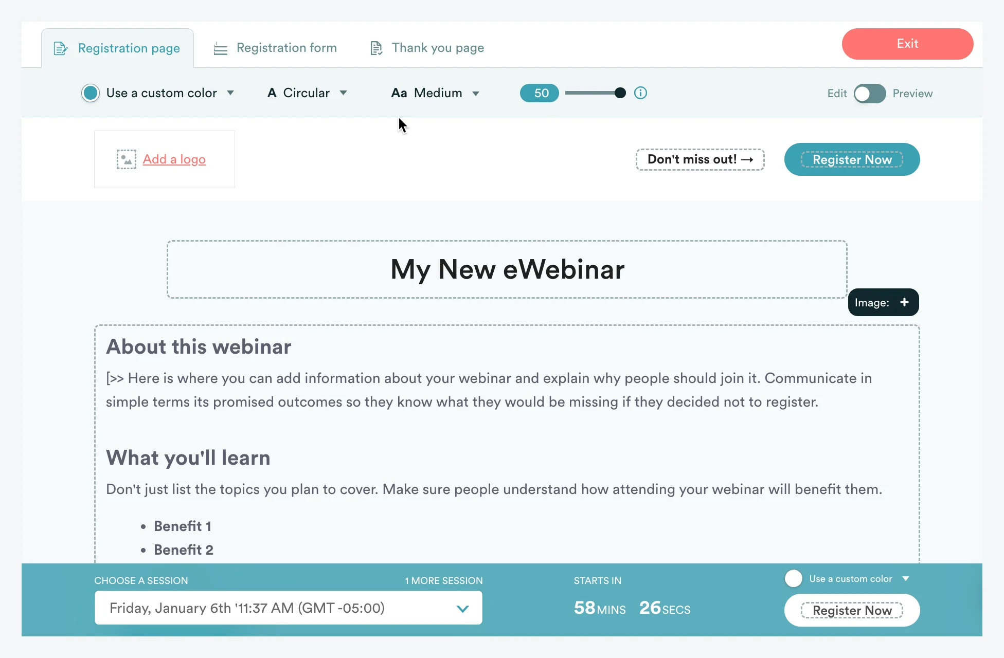 new reg page in editor