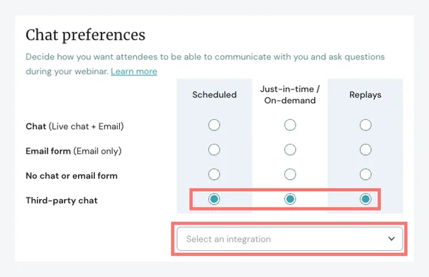 Screenshot 1 for How do you use a third-party chat provider in place of eWebinar's chat?