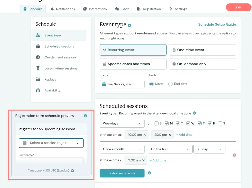 Schedule Registration form schedule preview with timezone for Getting Started with Product Demos