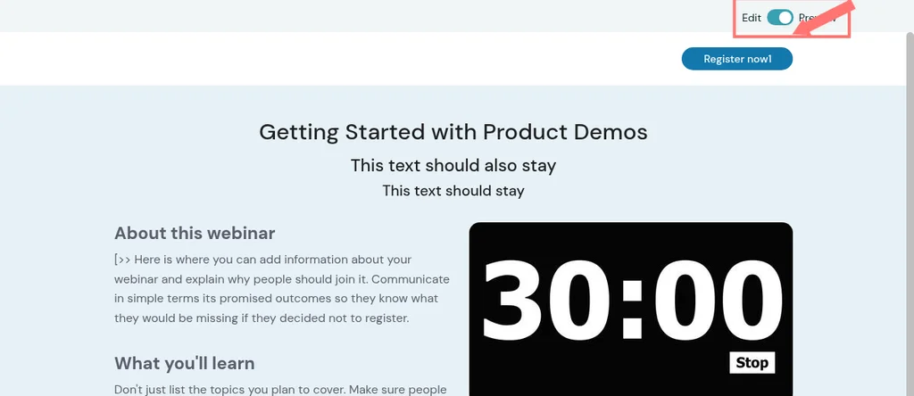 Registration page Edit/Preview toggle on Preview for Getting Started with Product Demos