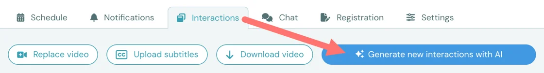 eWebinar Interactions tab with the "Generate new interactions with AI" button highlighted.