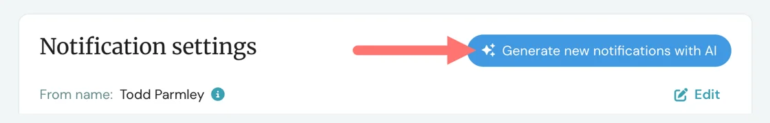 eWebinar Notifications tab with the "Generate new notifications with AI" button highlighted.