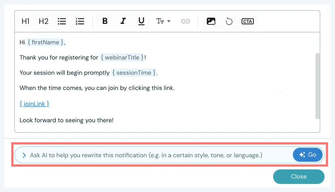 Email notification editor with placeholders and an AI rewrite instructions field at the bottom.