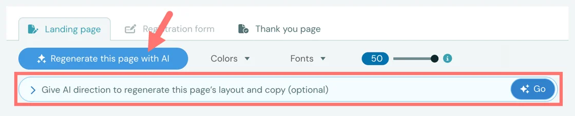 eWebinar Landing page editor tab with the "Regenerate this page with AI" button highlighted.