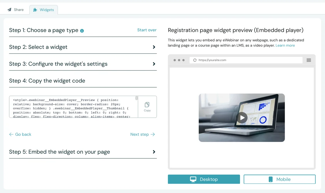 New Widgets page five-step setup flow with a live preview of the registration page.