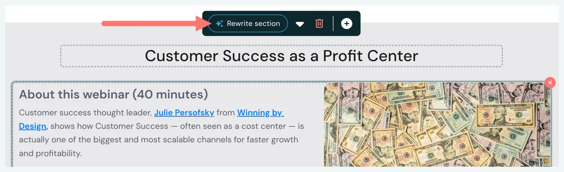 Landing page editor for a webinar with the Rewrite section button highlighted in the navigation bar.