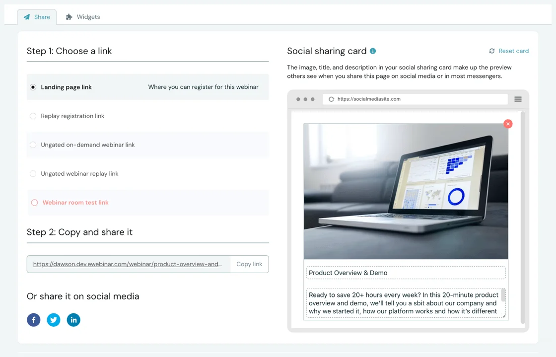 New Share page with link options on the left and a social sharing card preview on the right.