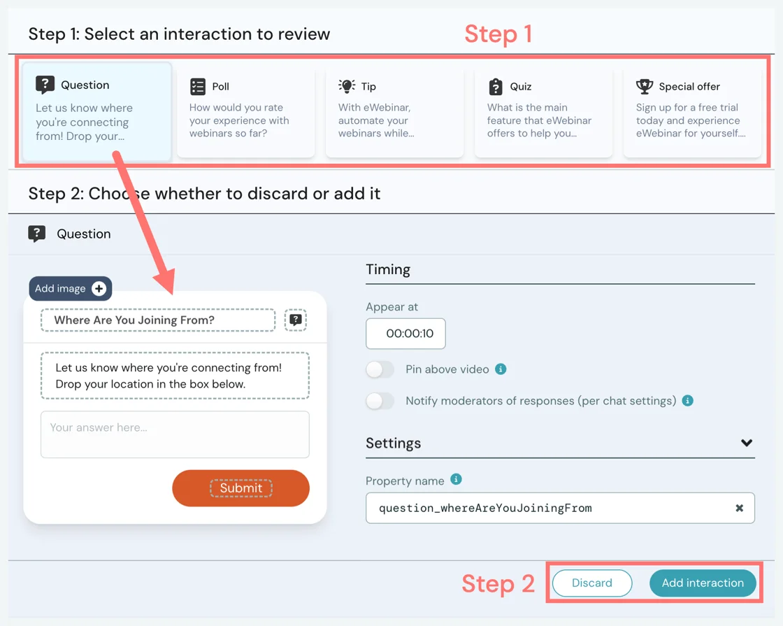 Reviewing an AI-generated poll interaction with Add interaction and Discard buttons.