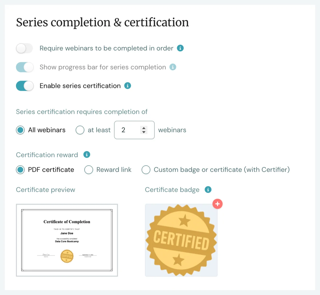 eWebinar's Webinar Series settings for requiring in-order completion, a progress bar, and certification with a certificate preview.