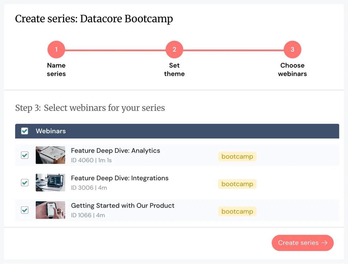 eWebinar's Webinar Series setup screen for selecting webinars to add to the "Datacore Bootcamp" series.