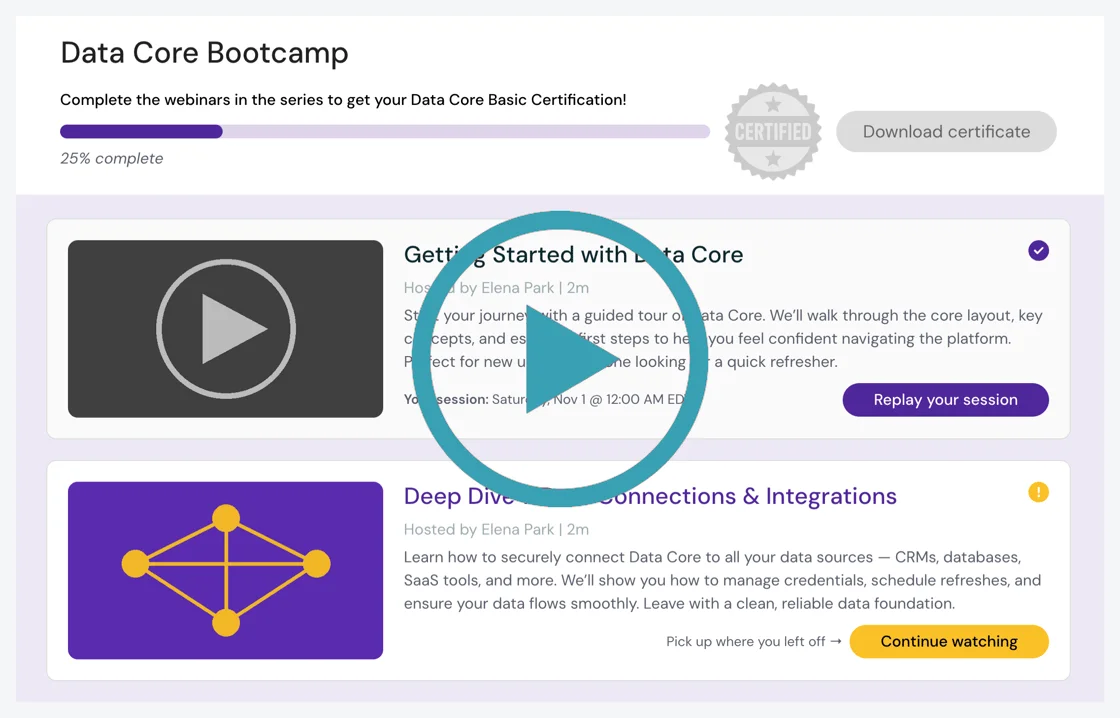 eWebinar's Webinar Series registrant progress page showing 25% completion and a download certificate button.