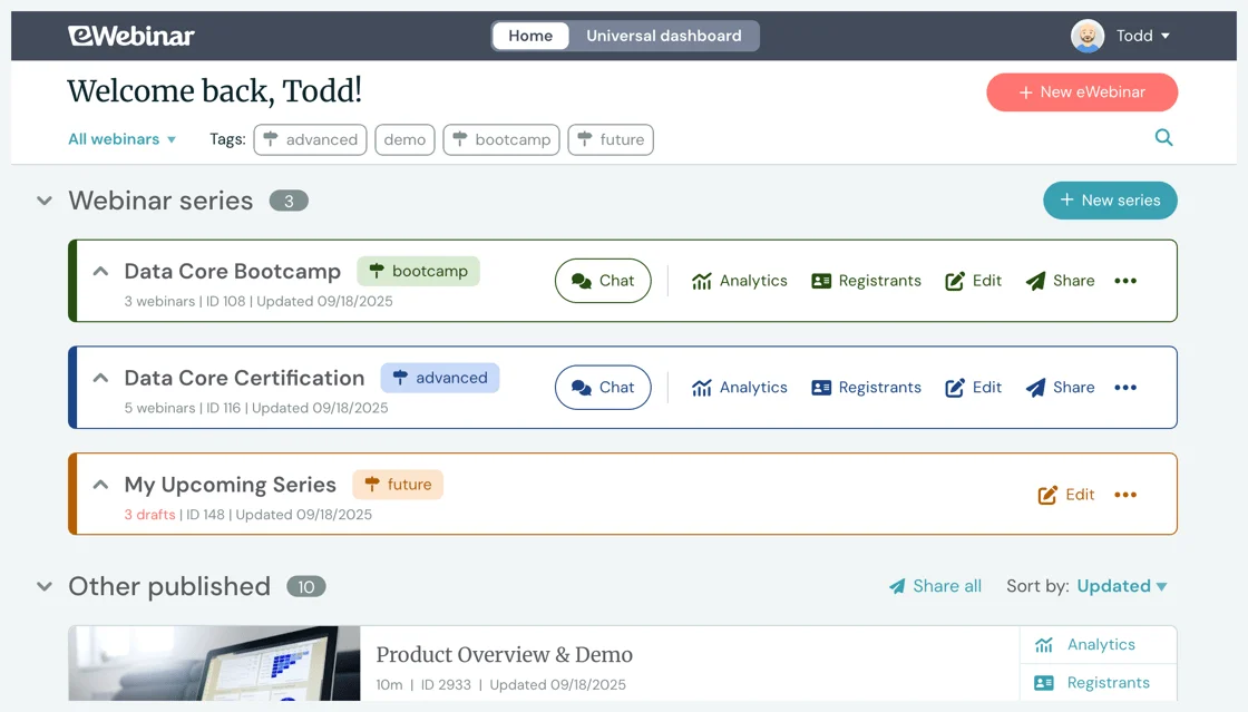 eWebinar home page showing webinars organized into color-coded Webinar Series folders.