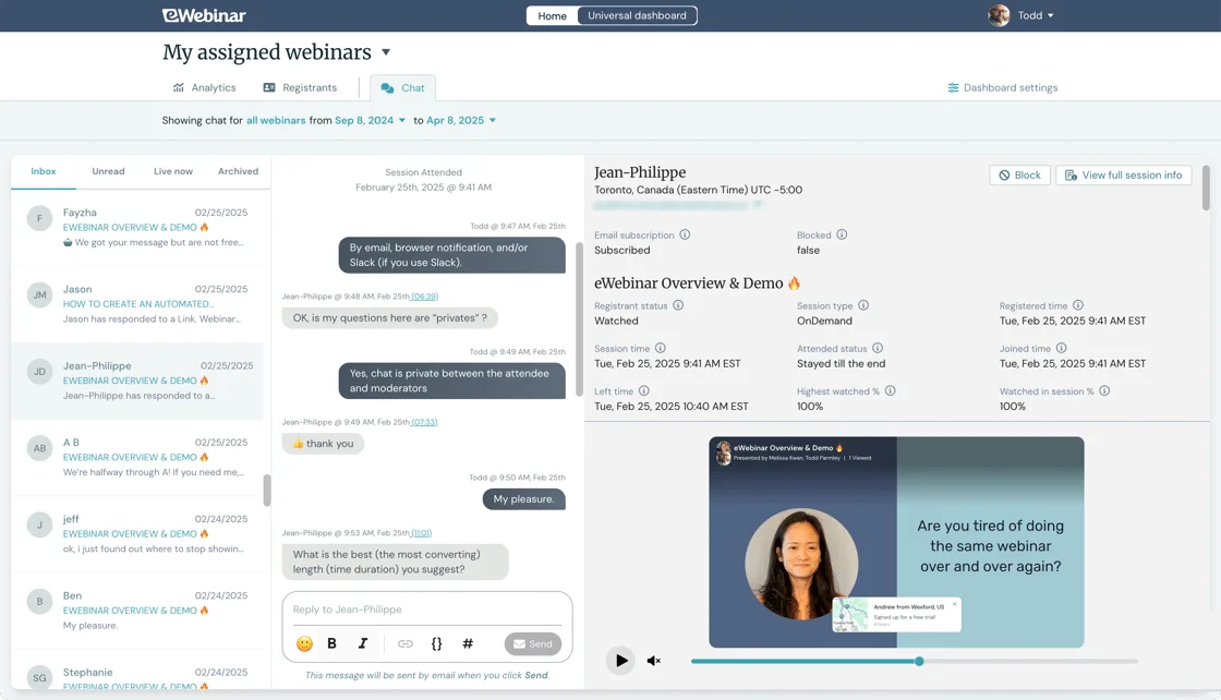 eWebinar's Universal Dashboard single chat inbox showing messages across multiple assigned webinars.