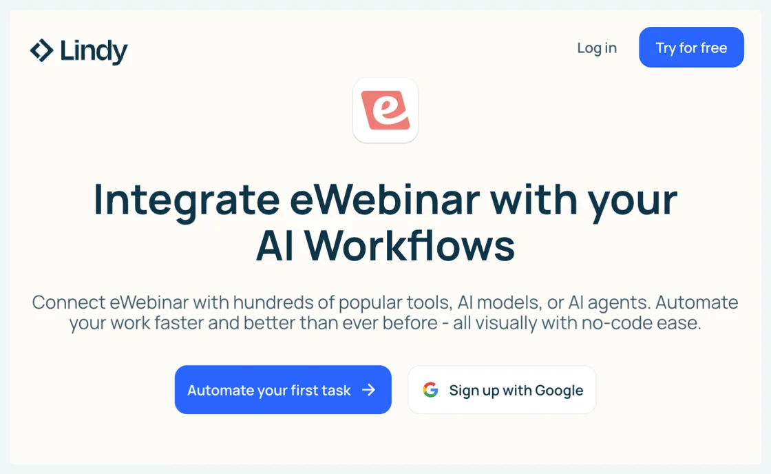 Lindy.ai integration page for connecting eWebinar with AI agent workflows.
