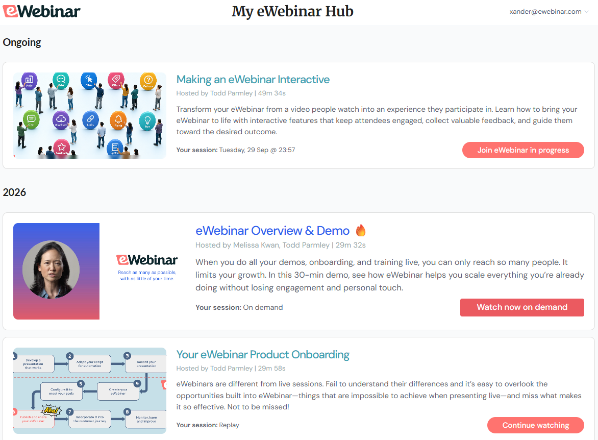 eWebinar dashboard with ongoing and upcoming webinars listed.