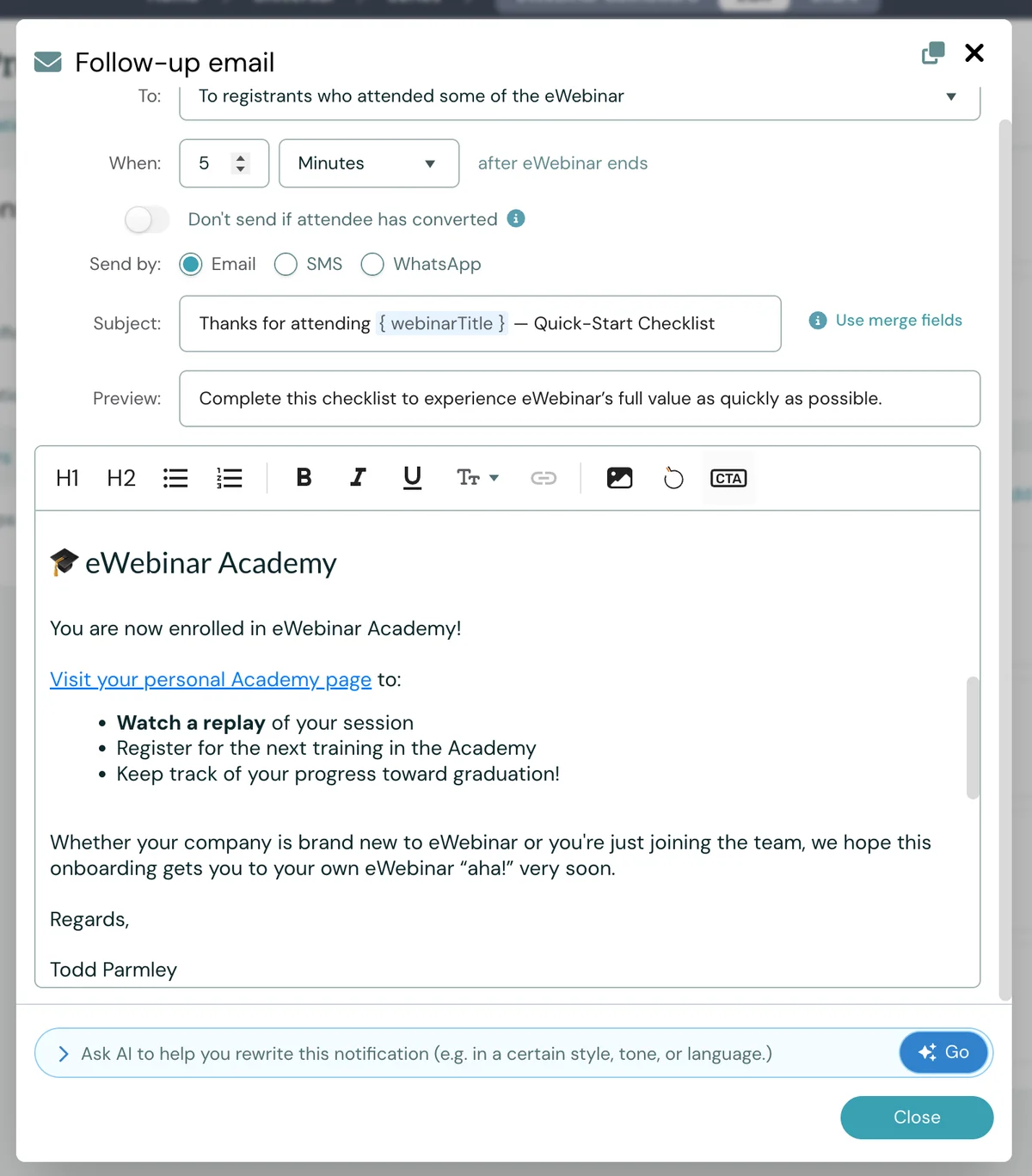 Follow-up email template for eWebinar Academy.