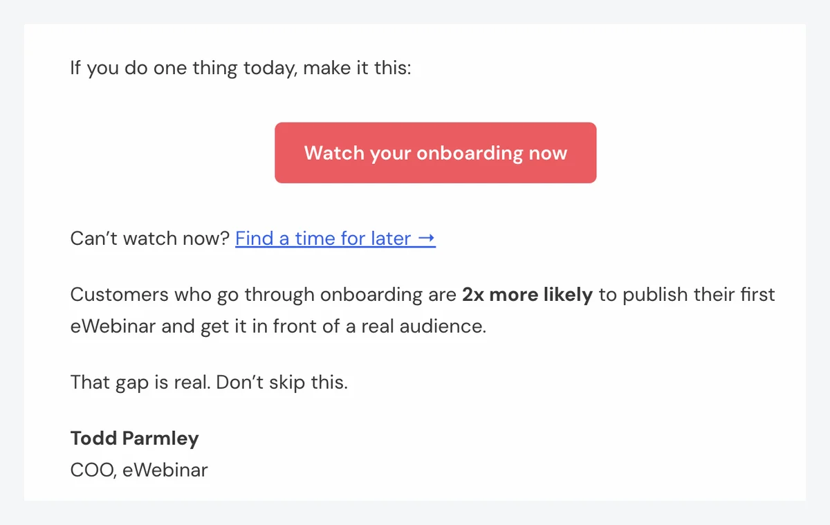Email with onboarding prompt and red button.