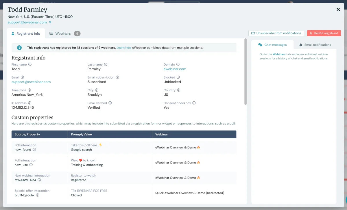eWebinar's Universal Dashboard registrant record showing one person's info, custom properties, and webinar activity in one place.