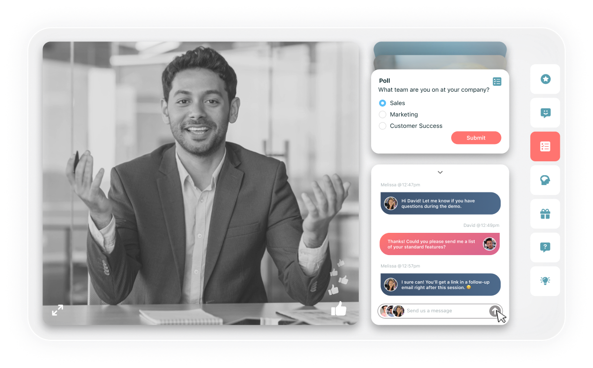 eWebinar on-demand session with a presenter video, a poll asking which team the attendee is on, and a chat where the host answers an attendee's question