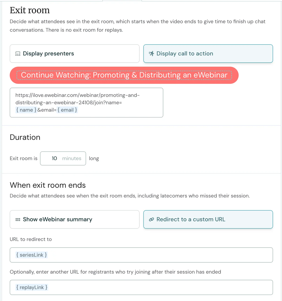Webinar exit room settings interface with options and links.